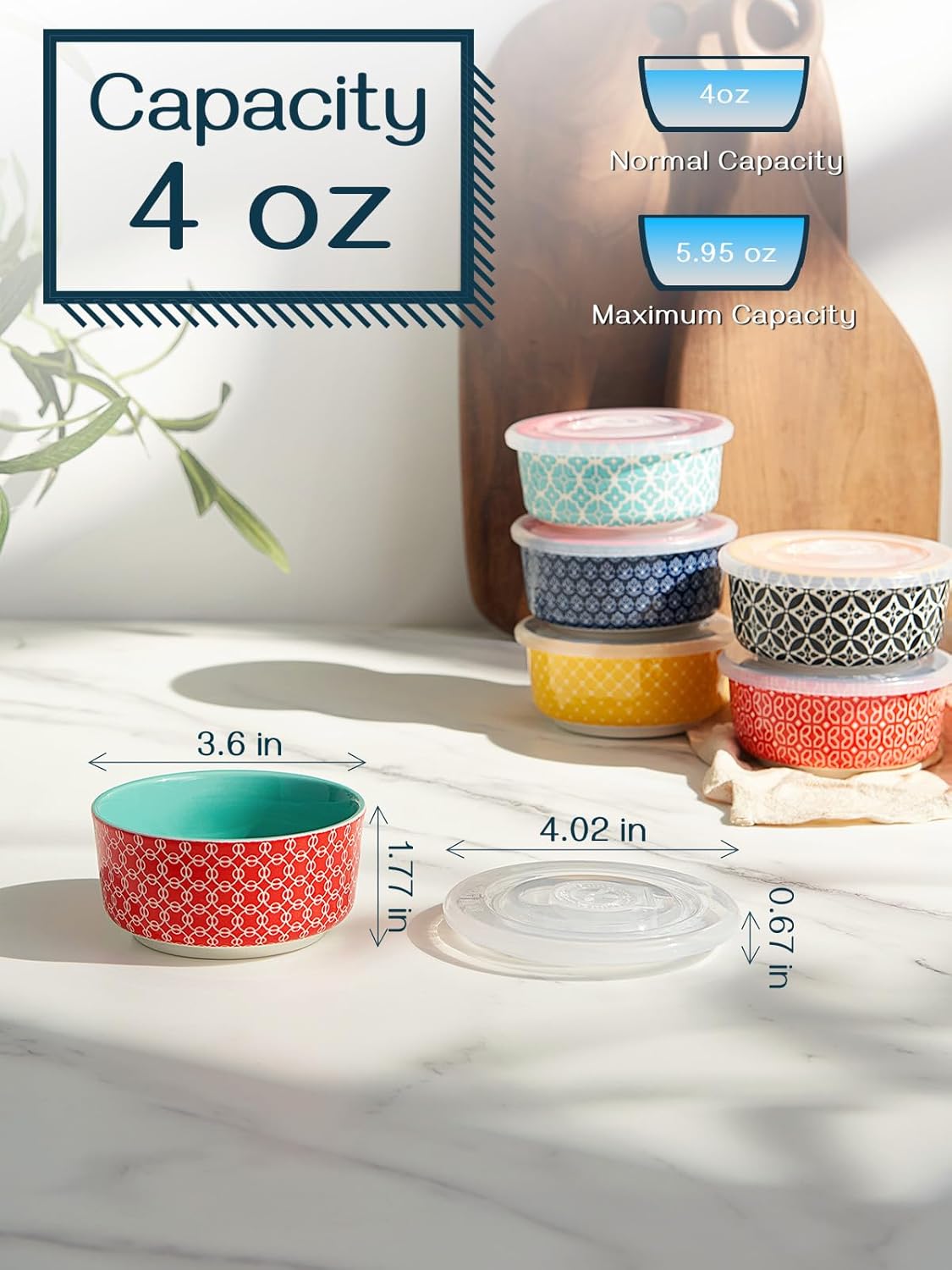 DOWAN Ramekins with Lids 4 oz Oven Safe for Creme Brulee Souffle, Ceramic Custard Cups for Baking, Small Bowls for Pudding Dip Ice Cream, Set of 6, Vibrant Colors